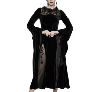Long Black Gothic Velvet Lace Bell Sleeve Dress